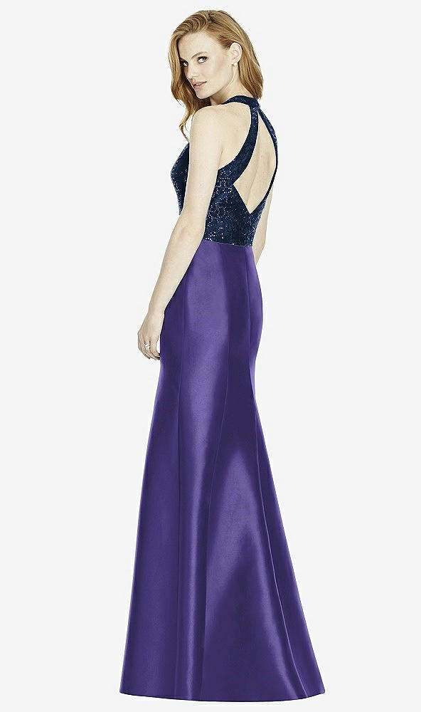 Back View - Grape & Midnight Navy Studio Design Collection 4514 Full Length Halter V-Neck Bridesmaid Dress