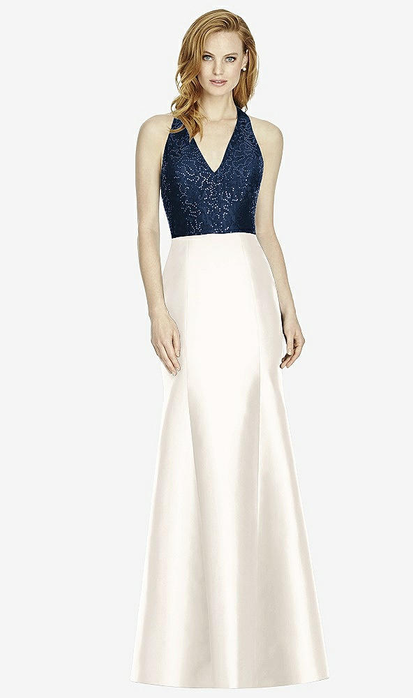 Front View - Ivory & Midnight Navy Studio Design Collection 4514 Full Length Halter V-Neck Bridesmaid Dress