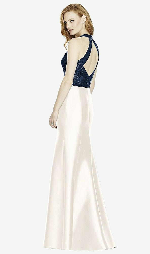 Back View - Ivory & Midnight Navy Studio Design Collection 4514 Full Length Halter V-Neck Bridesmaid Dress