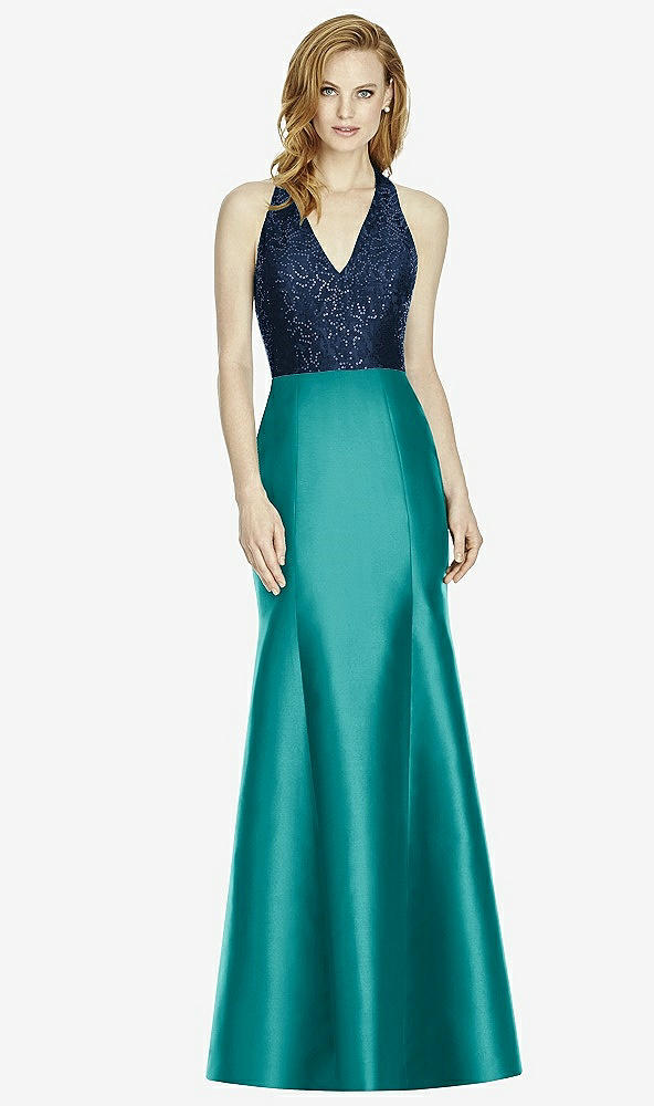 Front View - Jade & Midnight Navy Studio Design Collection 4514 Full Length Halter V-Neck Bridesmaid Dress