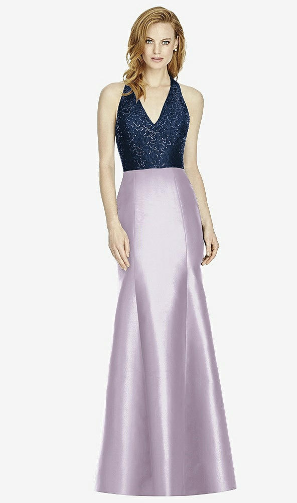 Front View - Lilac Haze & Midnight Navy Studio Design Collection 4514 Full Length Halter V-Neck Bridesmaid Dress