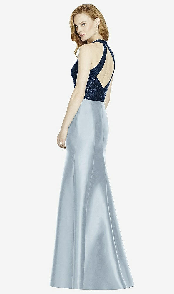 Back View - Mist & Midnight Navy Studio Design Collection 4514 Full Length Halter V-Neck Bridesmaid Dress