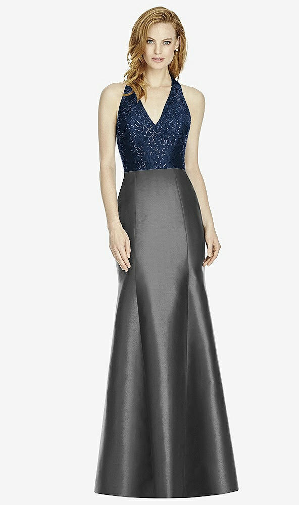 Front View - Pewter & Midnight Navy Studio Design Collection 4514 Full Length Halter V-Neck Bridesmaid Dress