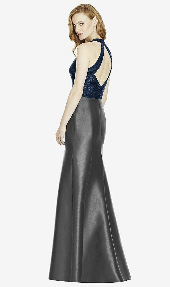 Back View - Pewter & Midnight Navy Studio Design Collection 4514 Full Length Halter V-Neck Bridesmaid Dress