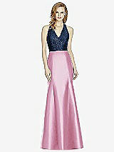 Front View Thumbnail - Powder Pink & Midnight Navy Studio Design Collection 4514 Full Length Halter V-Neck Bridesmaid Dress