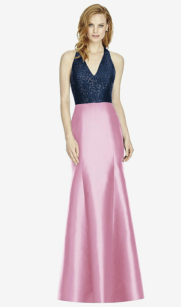 Front View - Powder Pink & Midnight Navy Studio Design Collection 4514 Full Length Halter V-Neck Bridesmaid Dress