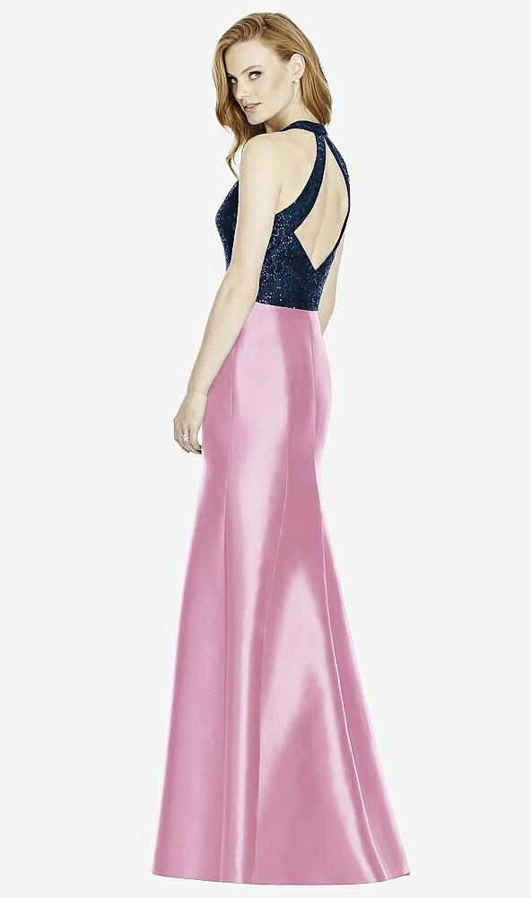Back View - Powder Pink & Midnight Navy Studio Design Collection 4514 Full Length Halter V-Neck Bridesmaid Dress