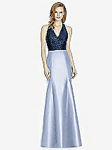 Front View Thumbnail - Sky Blue & Midnight Navy Studio Design Collection 4514 Full Length Halter V-Neck Bridesmaid Dress
