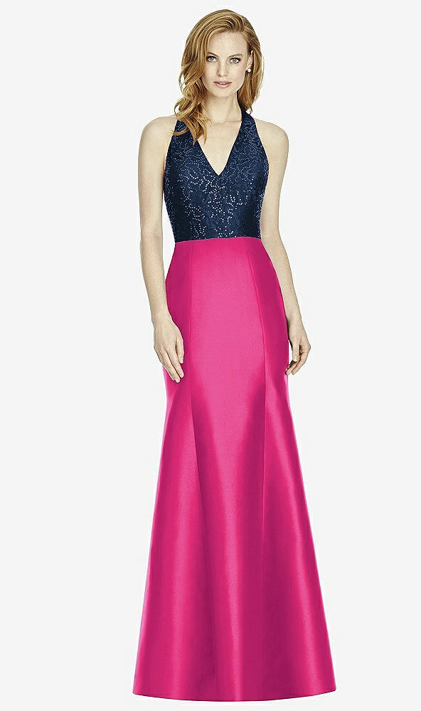 Front View - Think Pink & Midnight Navy Studio Design Collection 4514 Full Length Halter V-Neck Bridesmaid Dress