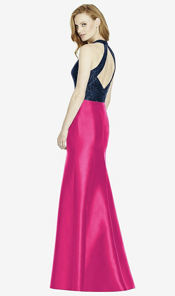Back View - Think Pink & Midnight Navy Studio Design Collection 4514 Full Length Halter V-Neck Bridesmaid Dress