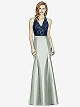 Front View Thumbnail - Willow Green & Midnight Navy Studio Design Collection 4514 Full Length Halter V-Neck Bridesmaid Dress