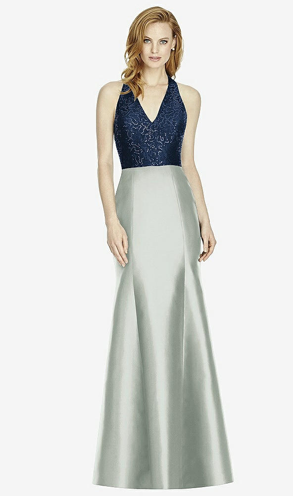 Front View - Willow Green & Midnight Navy Studio Design Collection 4514 Full Length Halter V-Neck Bridesmaid Dress
