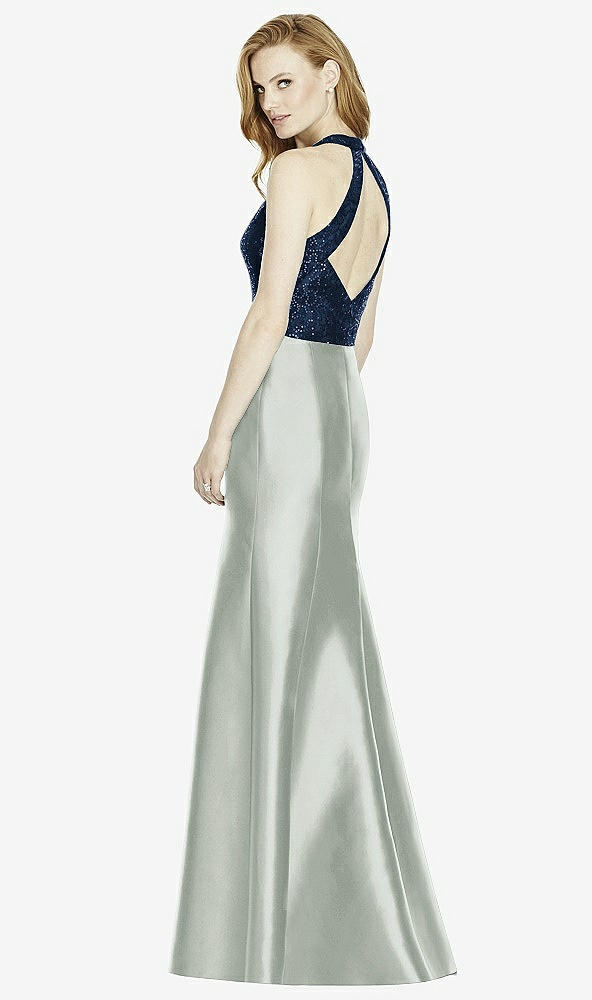 Back View - Willow Green & Midnight Navy Studio Design Collection 4514 Full Length Halter V-Neck Bridesmaid Dress