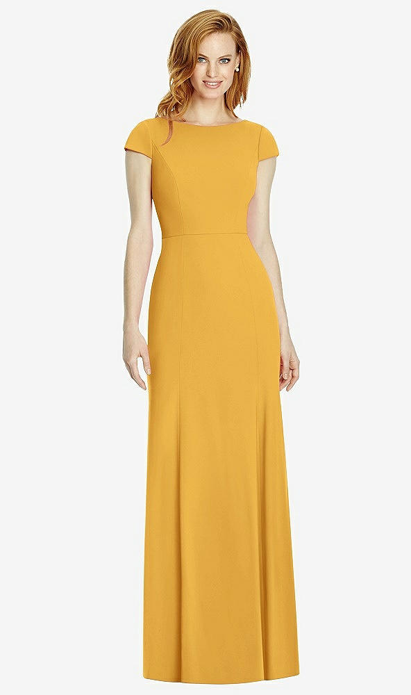 Back View - NYC Yellow Bateau-Neck Cap Sleeve Open-Back Trumpet Gown