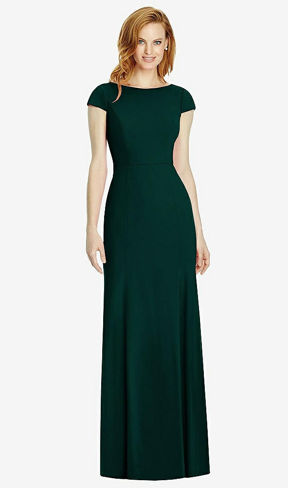 Back View - Evergreen Bateau-Neck Cap Sleeve Open-Back Trumpet Gown