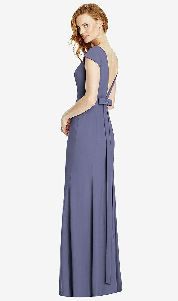 Front View - French Blue Bateau-Neck Cap Sleeve Open-Back Trumpet Gown