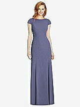 Rear View Thumbnail - French Blue Bateau-Neck Cap Sleeve Open-Back Trumpet Gown