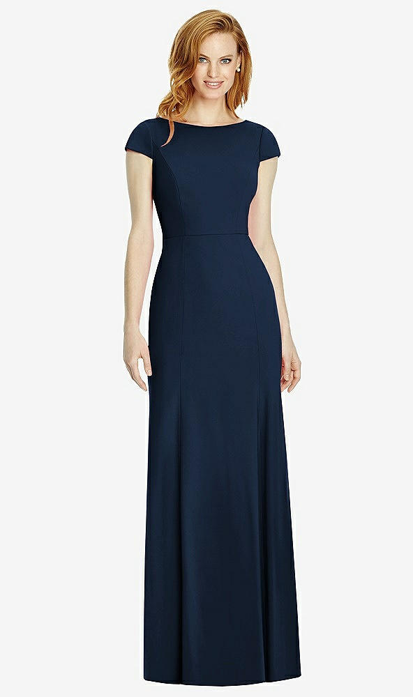 Back View - Midnight Navy Bateau-Neck Cap Sleeve Open-Back Trumpet Gown