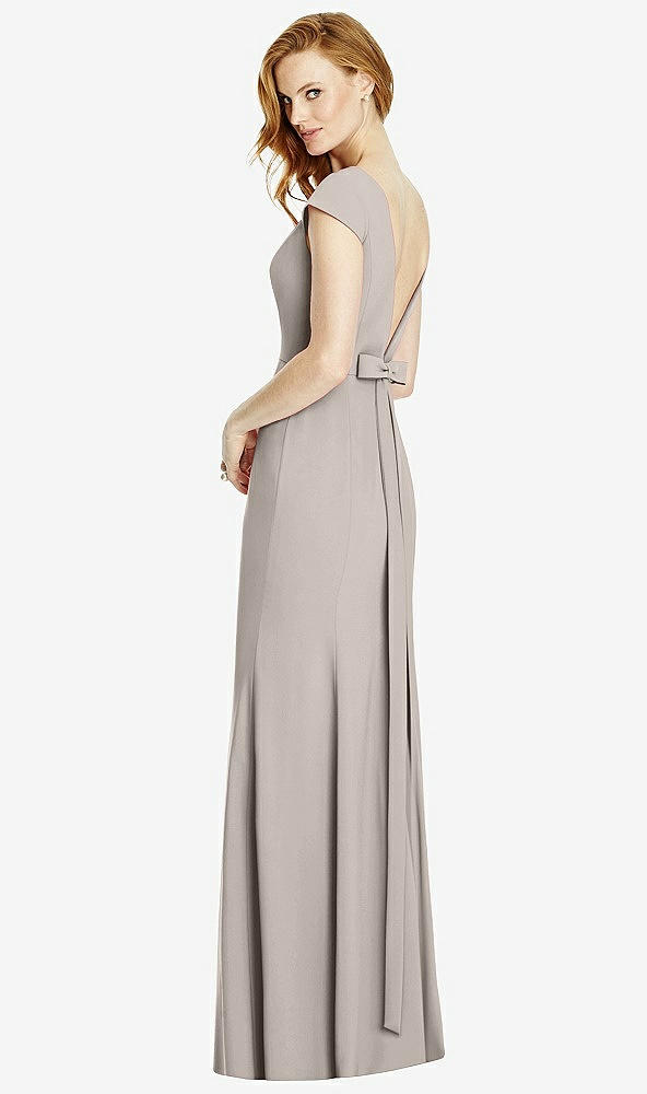 Front View - Taupe Bateau-Neck Cap Sleeve Open-Back Trumpet Gown