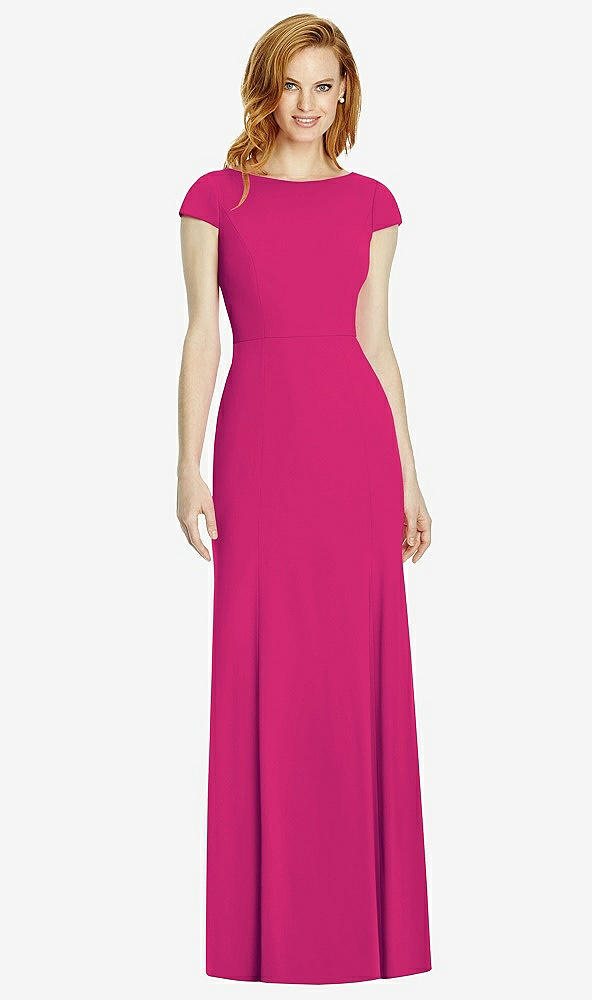 Back View - Think Pink Bateau-Neck Cap Sleeve Open-Back Trumpet Gown