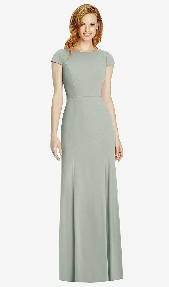Back View - Willow Green Bateau-Neck Cap Sleeve Open-Back Trumpet Gown
