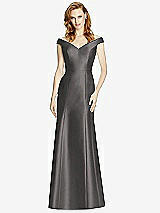 Front View Thumbnail - Caviar Gray Off-the-Shoulder V-Neck Satin Trumpet Gown