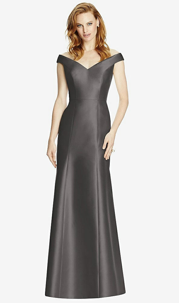 Front View - Caviar Gray Off-the-Shoulder V-Neck Satin Trumpet Gown