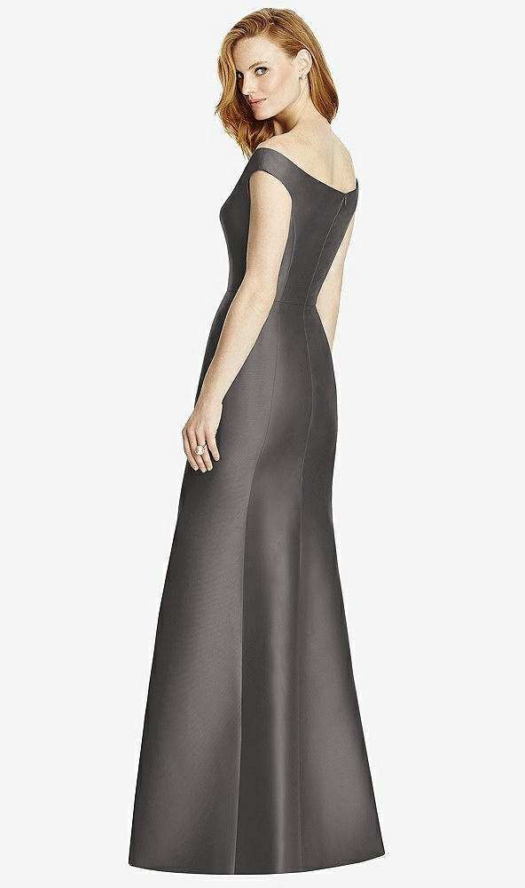 Back View - Caviar Gray Off-the-Shoulder V-Neck Satin Trumpet Gown