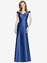 Front View Thumbnail - Classic Blue Off-the-Shoulder V-Neck Satin Trumpet Gown