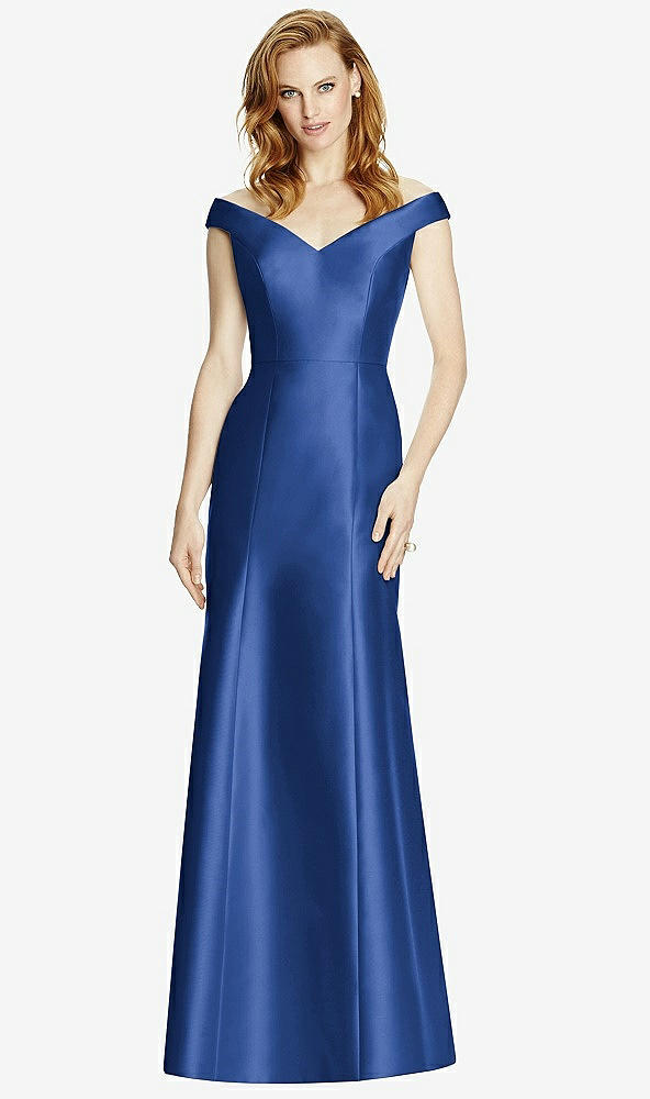 Front View - Classic Blue Off-the-Shoulder V-Neck Satin Trumpet Gown