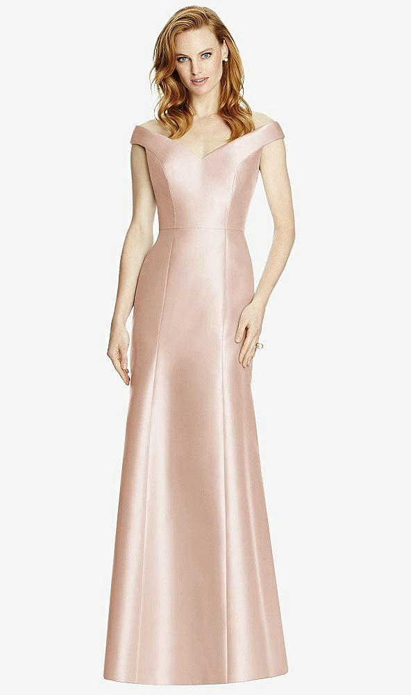 Front View - Cameo Off-the-Shoulder V-Neck Satin Trumpet Gown
