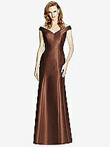 Front View Thumbnail - Cognac Off-the-Shoulder V-Neck Satin Trumpet Gown