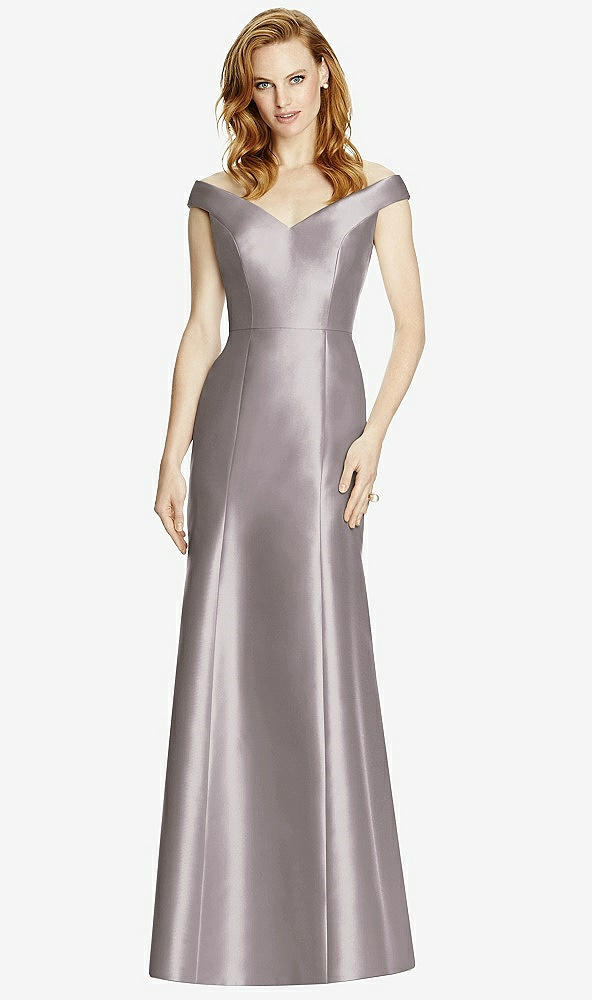 Front View - Cashmere Gray Off-the-Shoulder V-Neck Satin Trumpet Gown