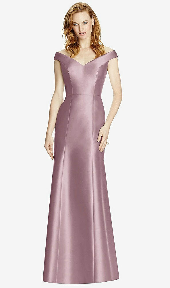 Front View - Dusty Rose Off-the-Shoulder V-Neck Satin Trumpet Gown