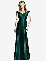 Front View Thumbnail - Evergreen Off-the-Shoulder V-Neck Satin Trumpet Gown