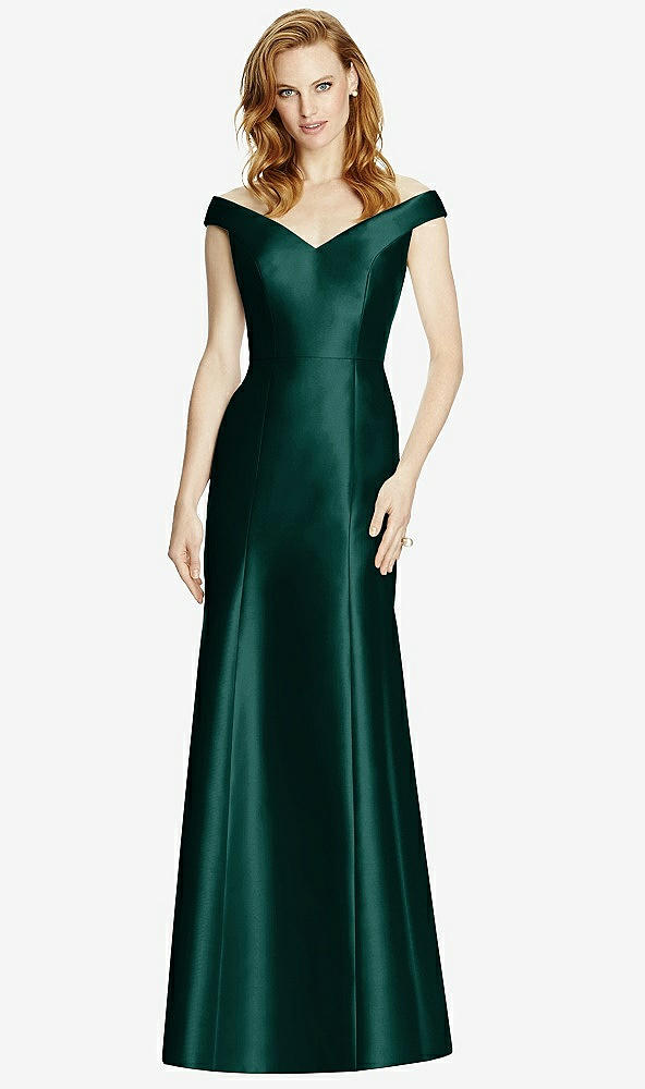 Front View - Evergreen Off-the-Shoulder V-Neck Satin Trumpet Gown