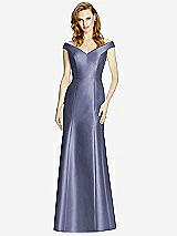 Front View Thumbnail - French Blue Off-the-Shoulder V-Neck Satin Trumpet Gown