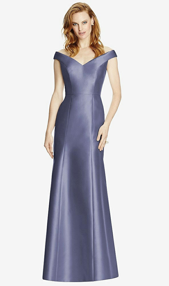 Front View - French Blue Off-the-Shoulder V-Neck Satin Trumpet Gown