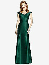 Front View Thumbnail - Hunter Green Off-the-Shoulder V-Neck Satin Trumpet Gown