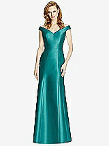 Front View Thumbnail - Jade Off-the-Shoulder V-Neck Satin Trumpet Gown