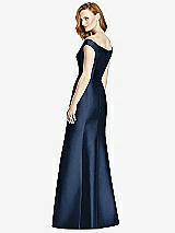 Rear View Thumbnail - Midnight Navy Off-the-Shoulder V-Neck Satin Trumpet Gown