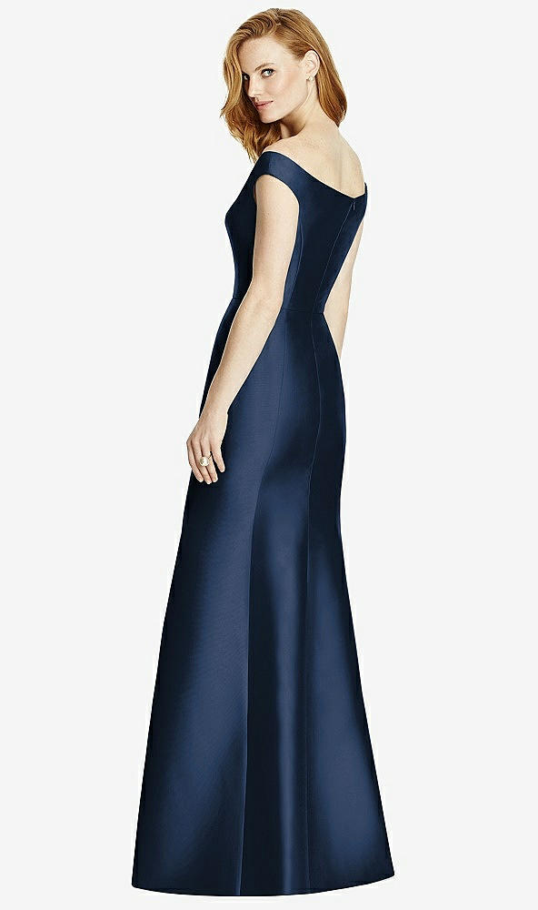 Back View - Midnight Navy Off-the-Shoulder V-Neck Satin Trumpet Gown