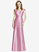 Front View Thumbnail - Powder Pink Off-the-Shoulder V-Neck Satin Trumpet Gown