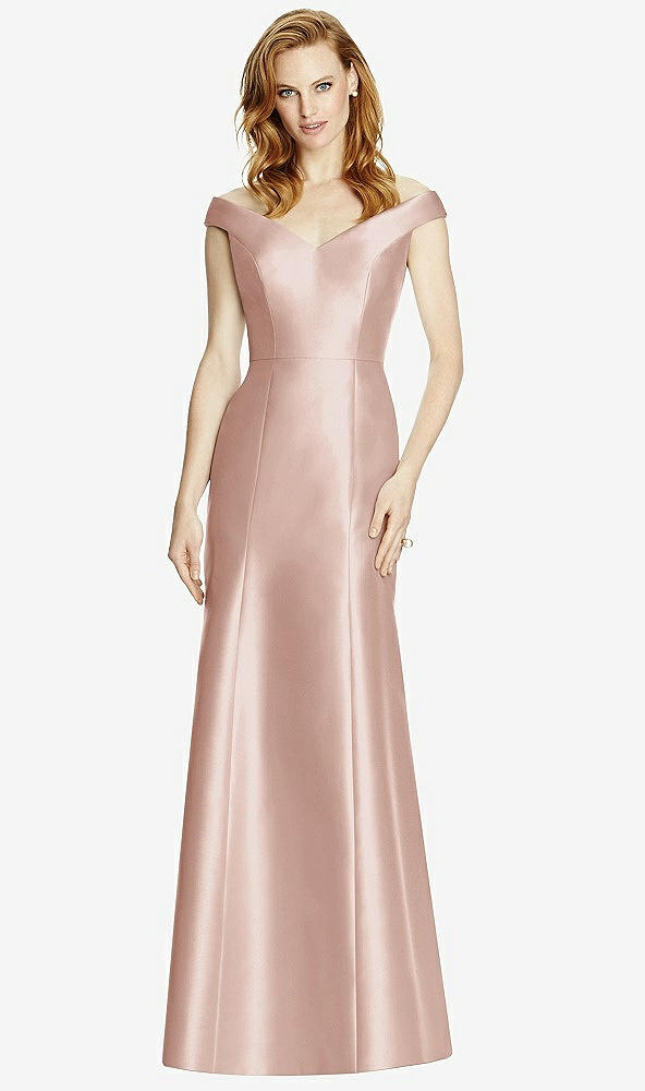 Front View - Toasted Sugar Off-the-Shoulder V-Neck Satin Trumpet Gown