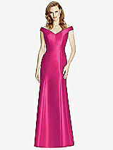 Front View Thumbnail - Think Pink Off-the-Shoulder V-Neck Satin Trumpet Gown