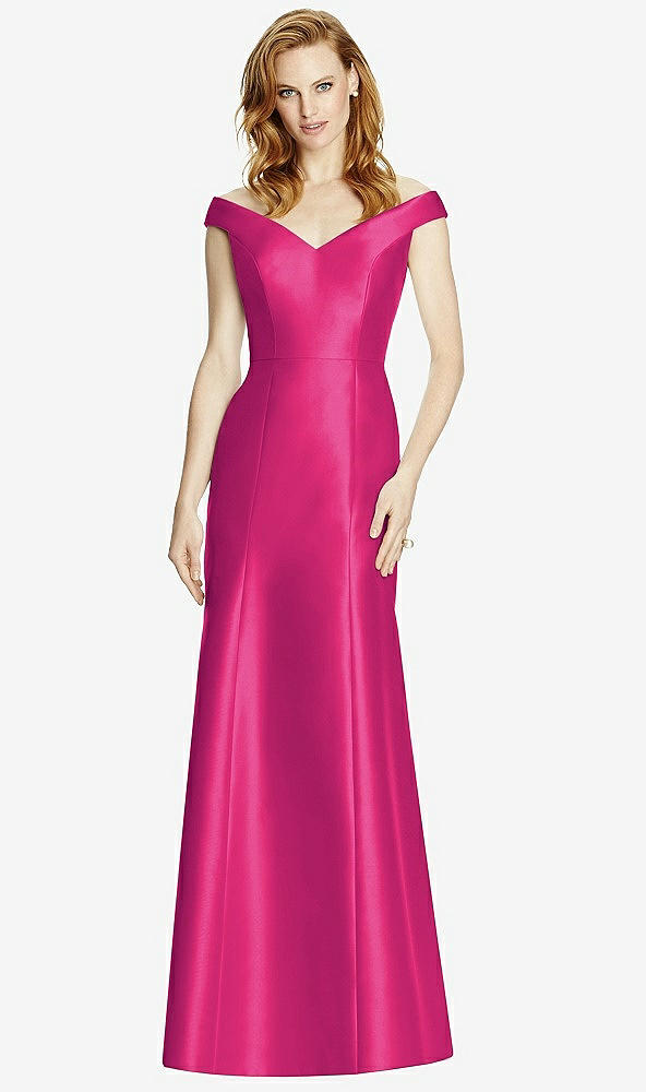 Front View - Think Pink Off-the-Shoulder V-Neck Satin Trumpet Gown