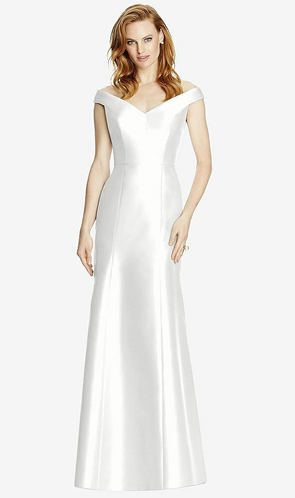 Front View - White Off-the-Shoulder V-Neck Satin Trumpet Gown