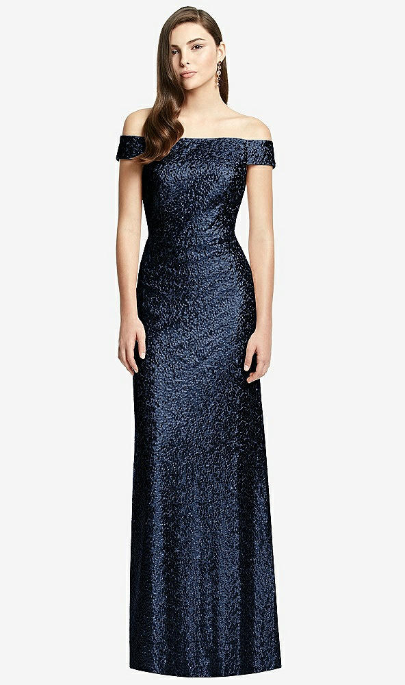 Front View - Midnight Navy Off-the-Shoulder Open-Back Sequin Trumpet Gown
