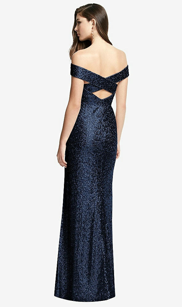 Back View - Midnight Navy Off-the-Shoulder Open-Back Sequin Trumpet Gown