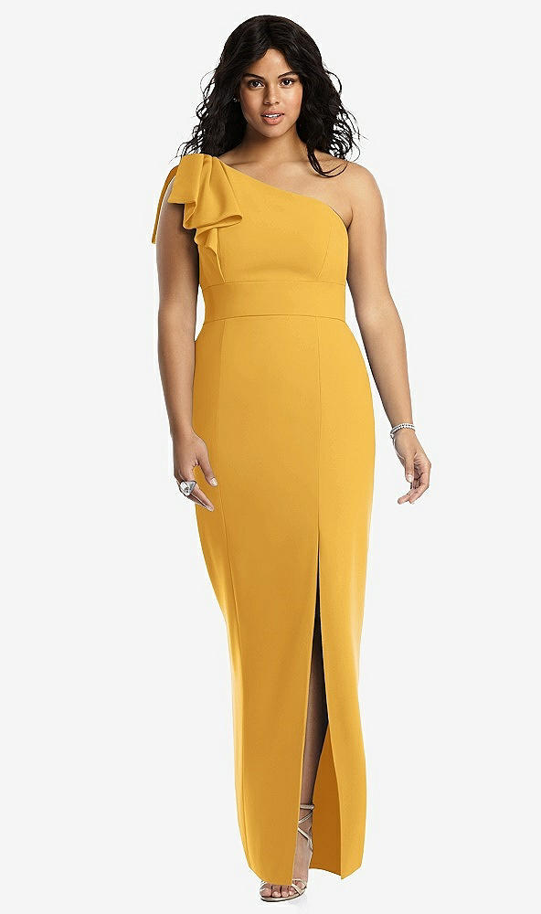 Front View - NYC Yellow Bowed One-Shoulder Trumpet Gown